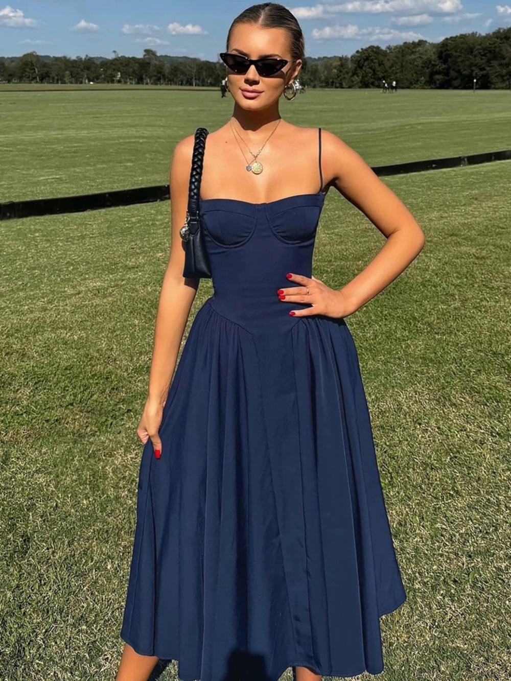 Navy Midi Dress with Spaghetti Straps